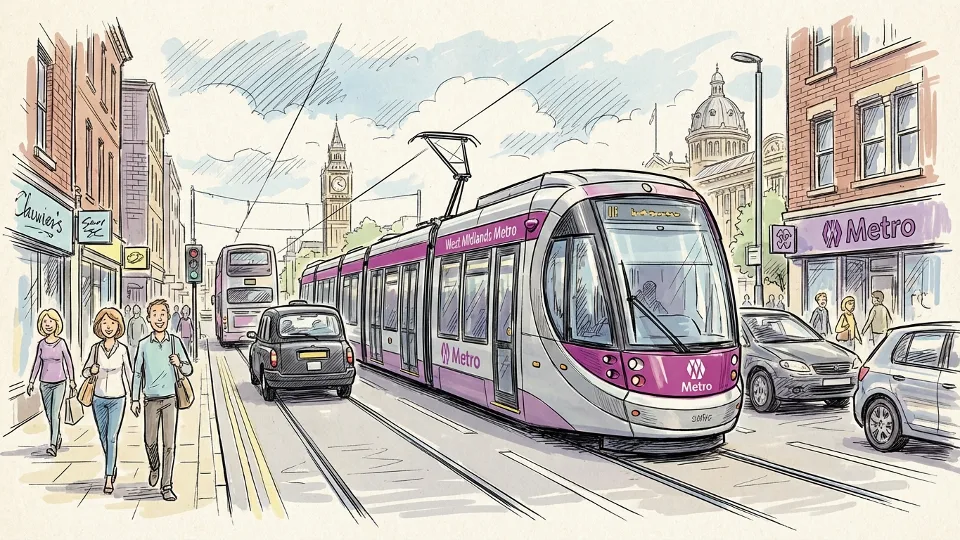West Midlands tram traveling through urban street with traffic