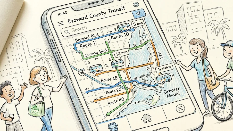 Close-up of smartphone screen showing real-time bus tracking map with Broward County Transit route information and arrival times