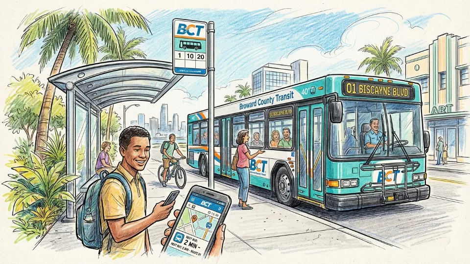 Broward County Transit bus at stop with rider holding smartphone displaying mobile app interface