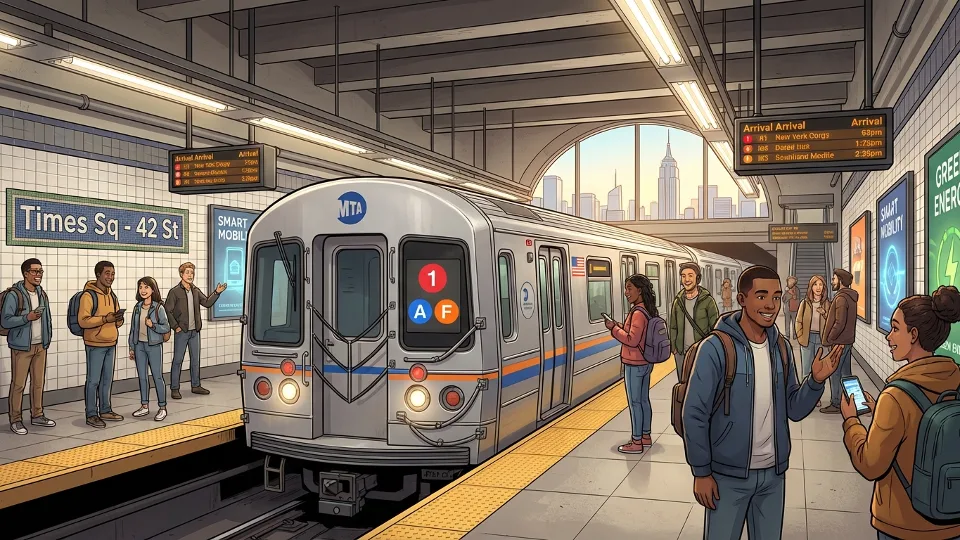MTA subway train at New York City station platform with passengers waiting
