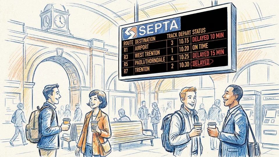 SEPTA train information display board showing delay notification