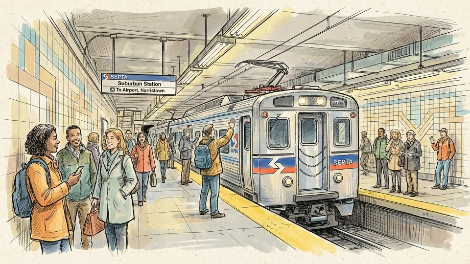 SEPTA regional rail train at suburban station platform with passengers waiting