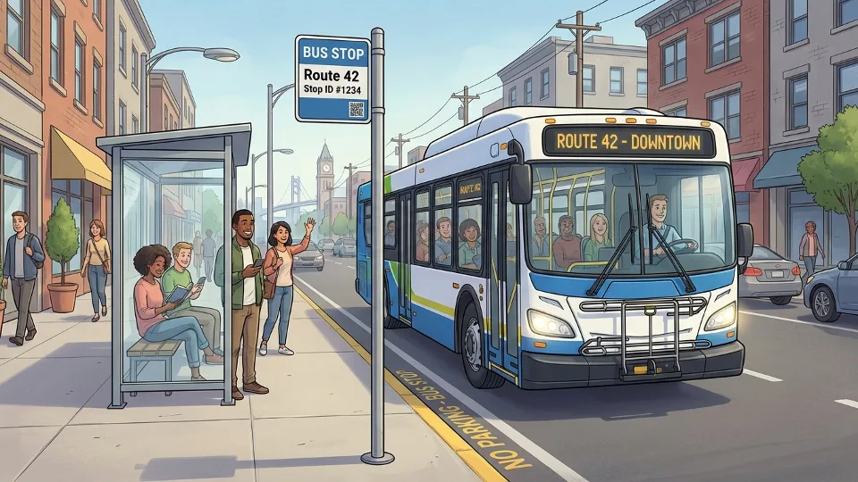 Transit bus approaching street-side bus stop with stop identification sign, urban neighborhood setting