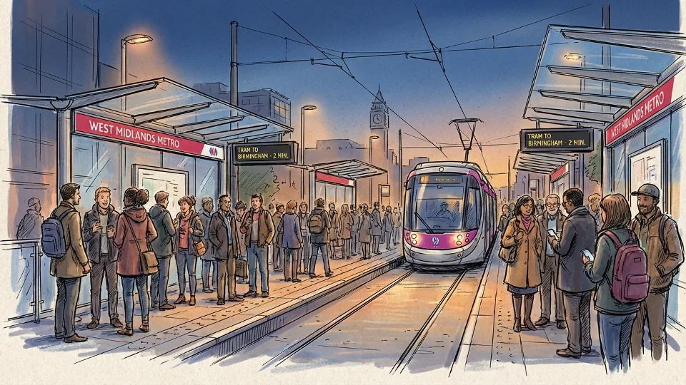 Crowded tram platform with passengers waiting during evening rush hour in West Midlands