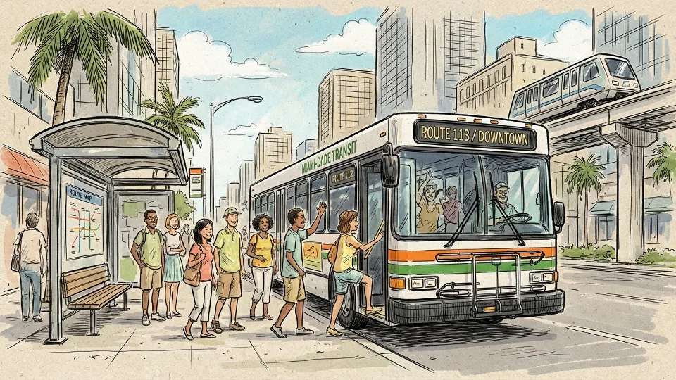 Miami-Dade Transit bus at downtown Miami stop with passengers boarding