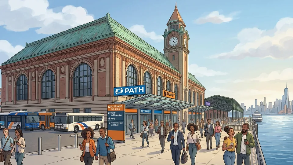 Hoboken Terminal exterior with NJ Transit and PATH signage showing transfer connections