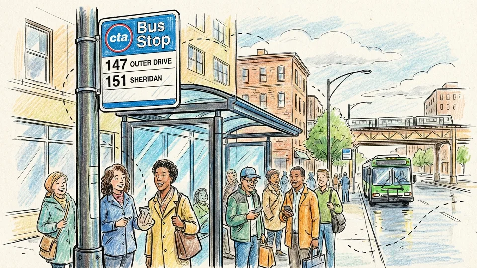 CTA bus stop sign with route information and passengers waiting, typical Chicago transit scene