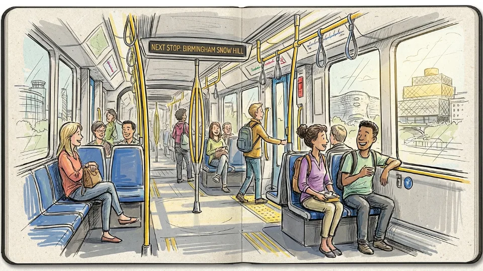 Interior view of West Midlands tram showing passenger seating area and standing room during service