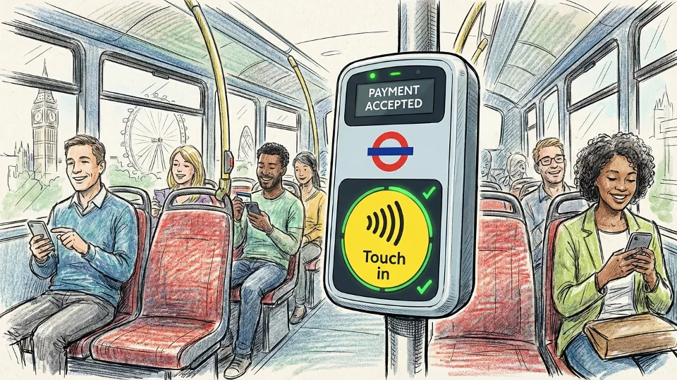 Close-up of contactless payment reader on London bus with TfL branding, showing modern fare payment technology