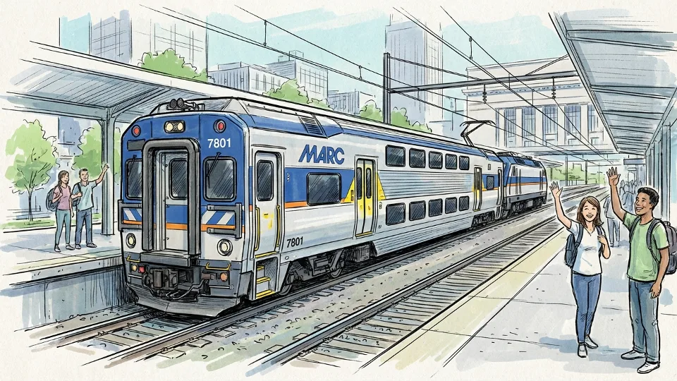 MARC commuter rail car exterior showing doors and windows at station