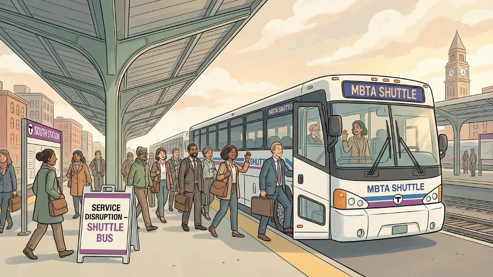 Shuttle bus at commuter rail station with passengers boarding during service disruption