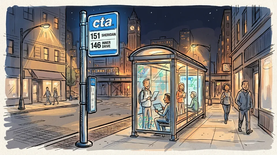 CTA bus stop sign and shelter on Chicago street at night