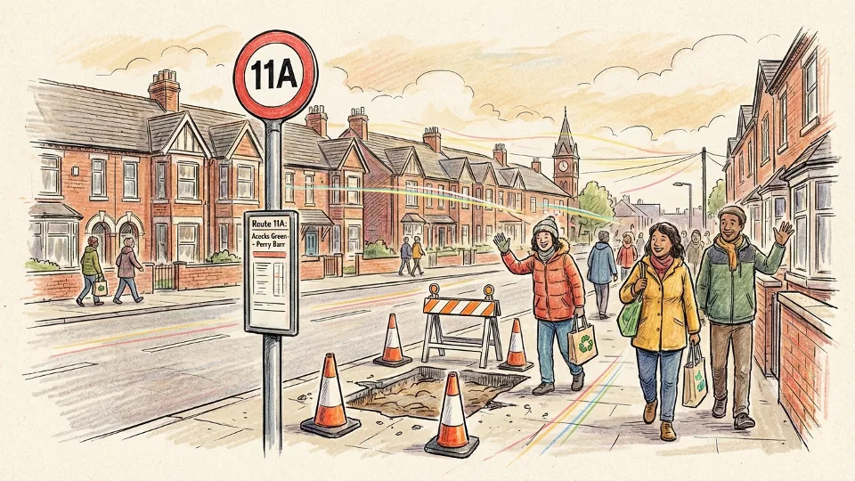 Bus stop sign showing route 11A with residential street and utility work equipment in background