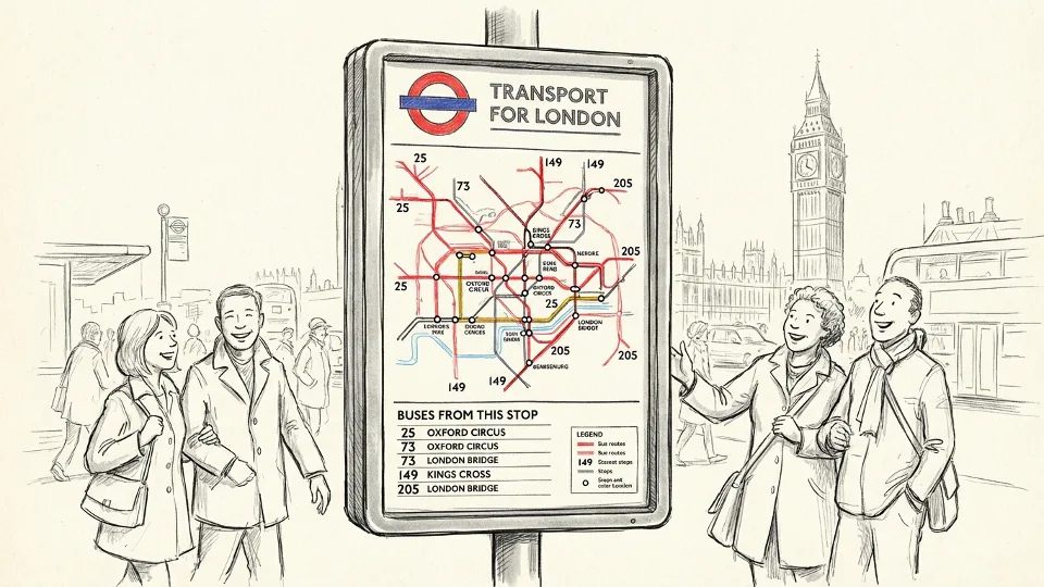 TfL bus route map display at London transit station showing network connections