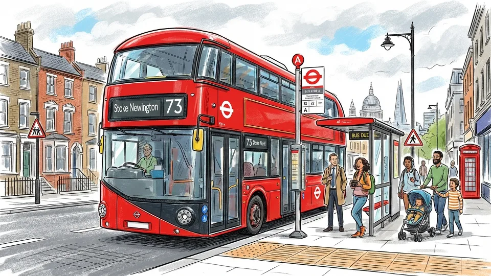 Red double-decker TfL bus at London street stop with passengers waiting
