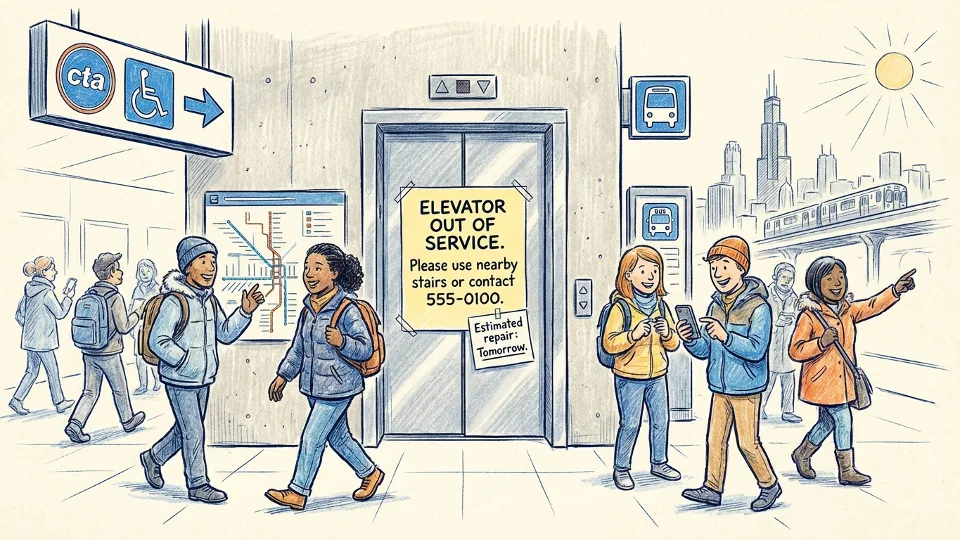CTA elevator and accessibility signage at Chicago transit station showing out of service notice