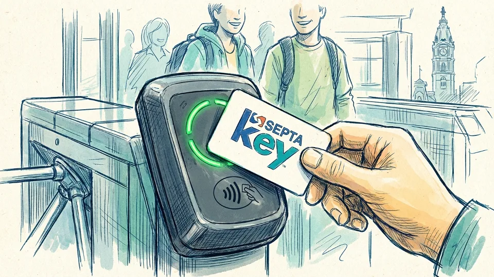 Close-up of SEPTA Key card being tapped at fare reader with green approval light