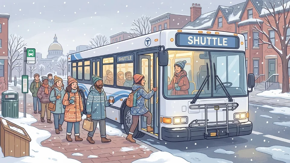 MBTA shuttle bus at urban street stop with passengers boarding during winter weather