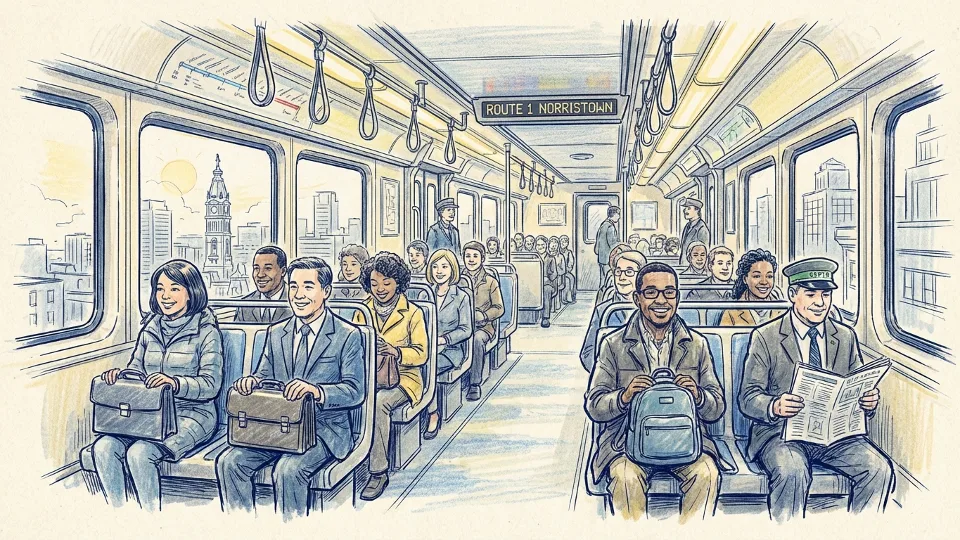 Interior view of SEPTA Regional Rail train car with commuters seated during morning rush hour