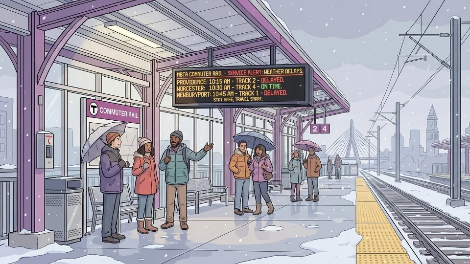 MBTA Commuter Rail station platform with digital schedule board showing storm service updates