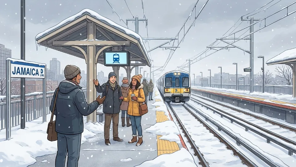 Snow-covered LIRR train platform with heavy accumulation on tracks and station infrastructure