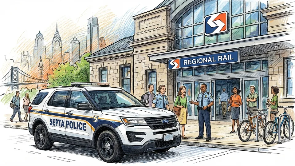 SEPTA police vehicle parked outside regional rail station entrance with transit signage visible