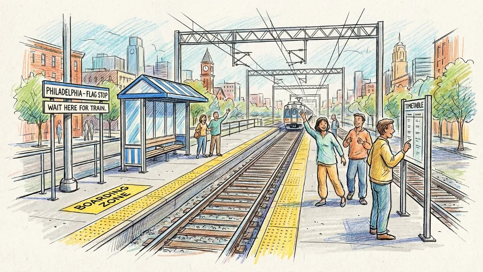 Railroad platform with clear sightlines showing proper waiting position for flag stop service