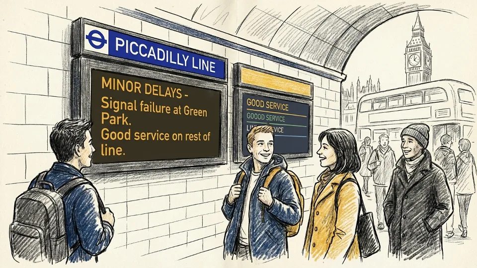 Piccadilly Line service status board showing disruption information at London Underground station