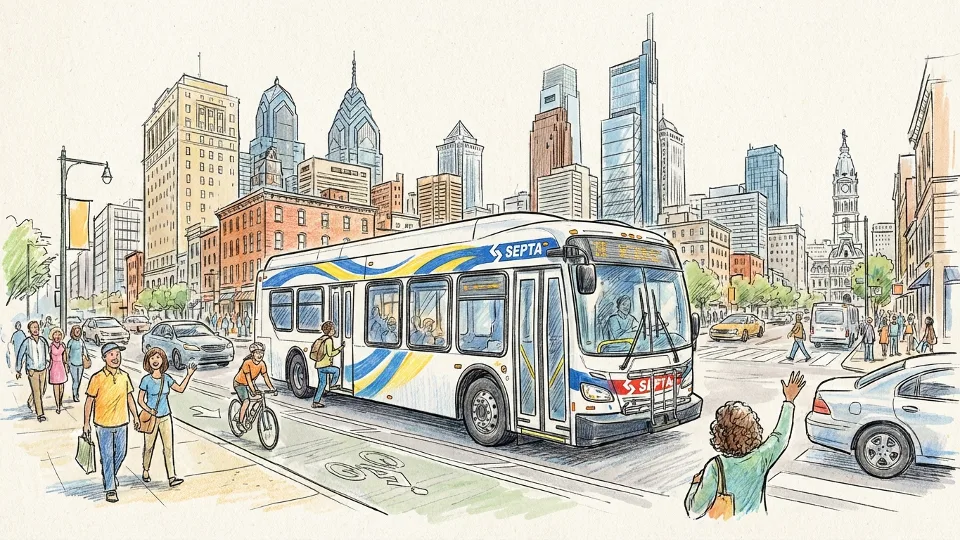 SEPTA bus on Philadelphia city street with downtown buildings in background