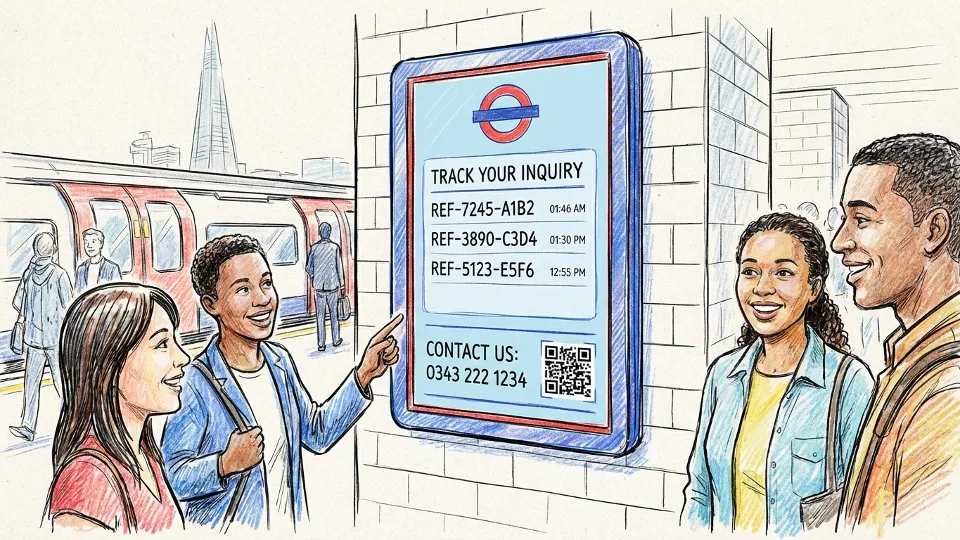 TfL customer service information display showing reference tracking system at London transit station