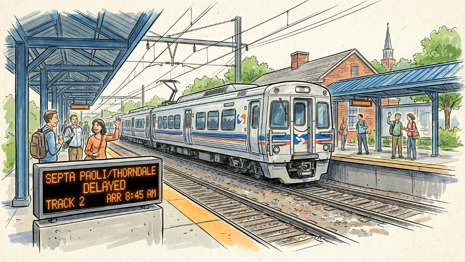 SEPTA Paoli/Thorndale Line regional rail train approaching suburban station with digital arrival board showing delay information