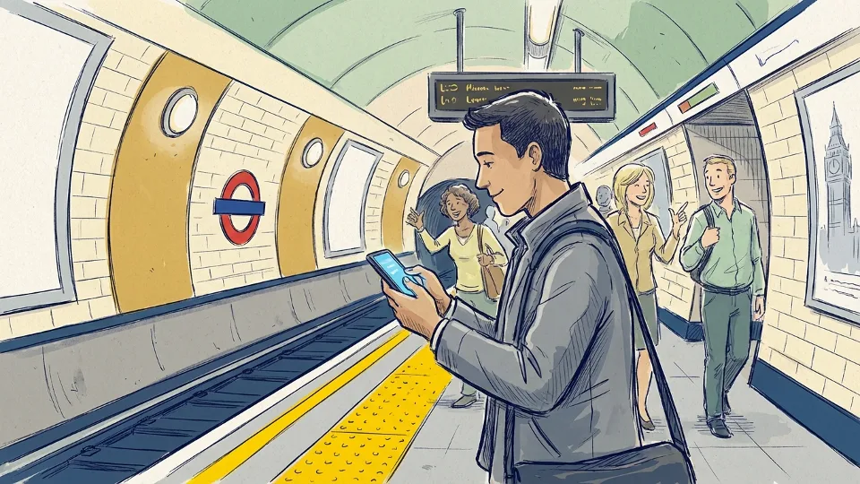 Person using smartphone to access transit information while standing at London Underground station platform