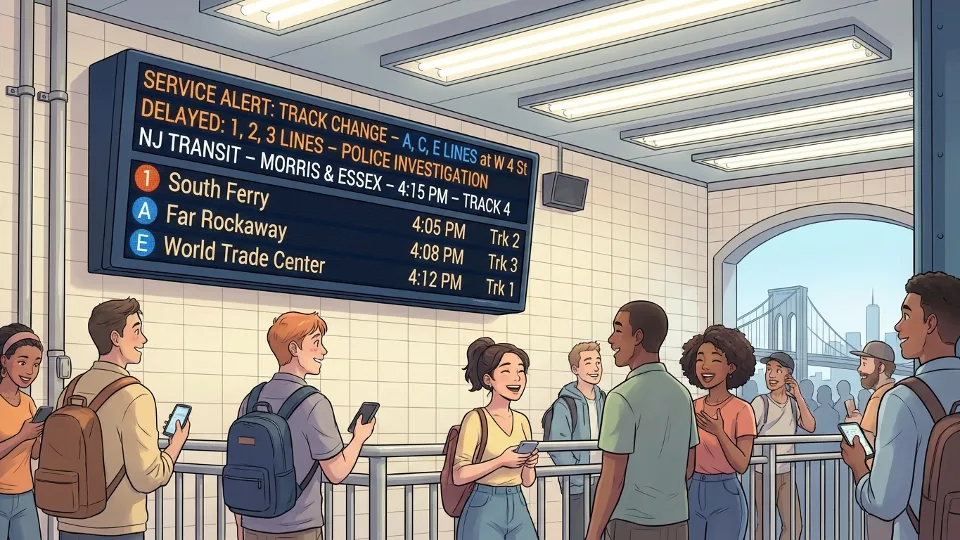 Transit information display board at station showing service alert and track change notification for commuters
