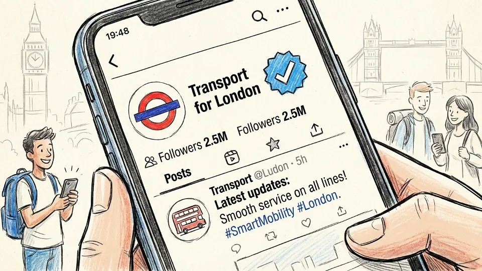 Close-up of smartphone displaying social media app with Transport for London official verified account and blue checkmark badge