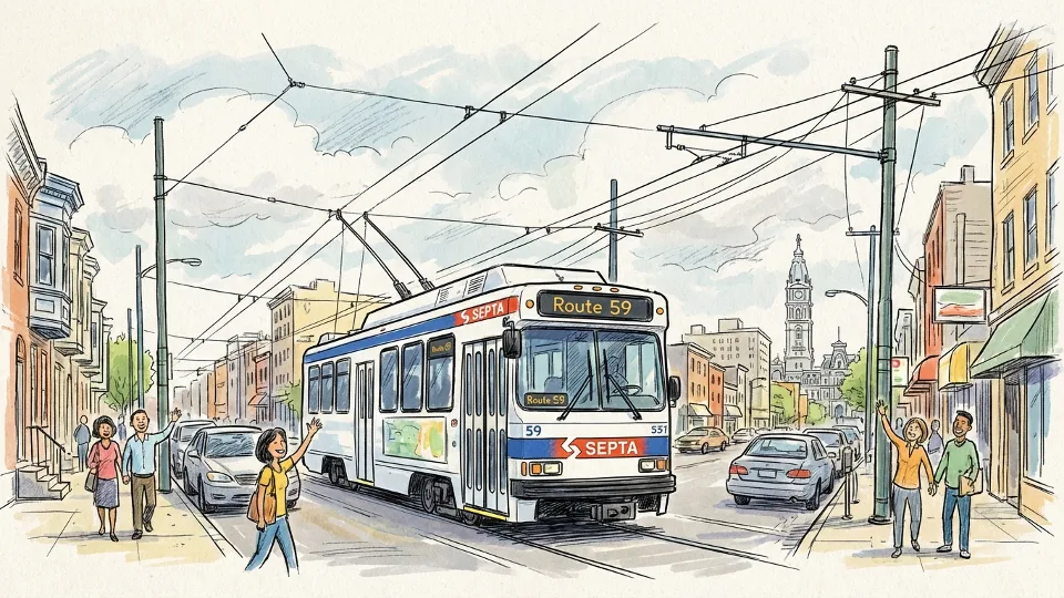 SEPTA trackless trolley on Philadelphia street with overhead wires visible