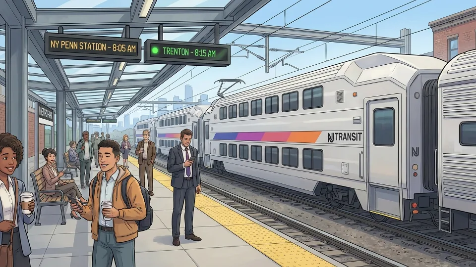 NJ TRANSIT train at station platform with passengers waiting