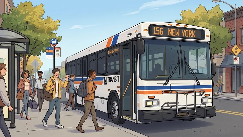 NJ TRANSIT bus on New Jersey street with commuters boarding