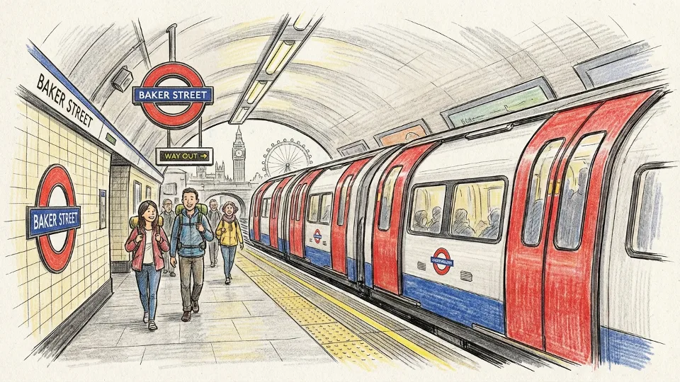 London Underground train at platform with TfL roundel logo visible on station signage