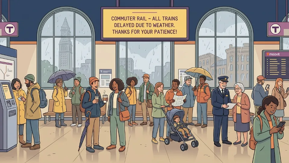 Commuter rail passengers waiting at indoor station during weather delay