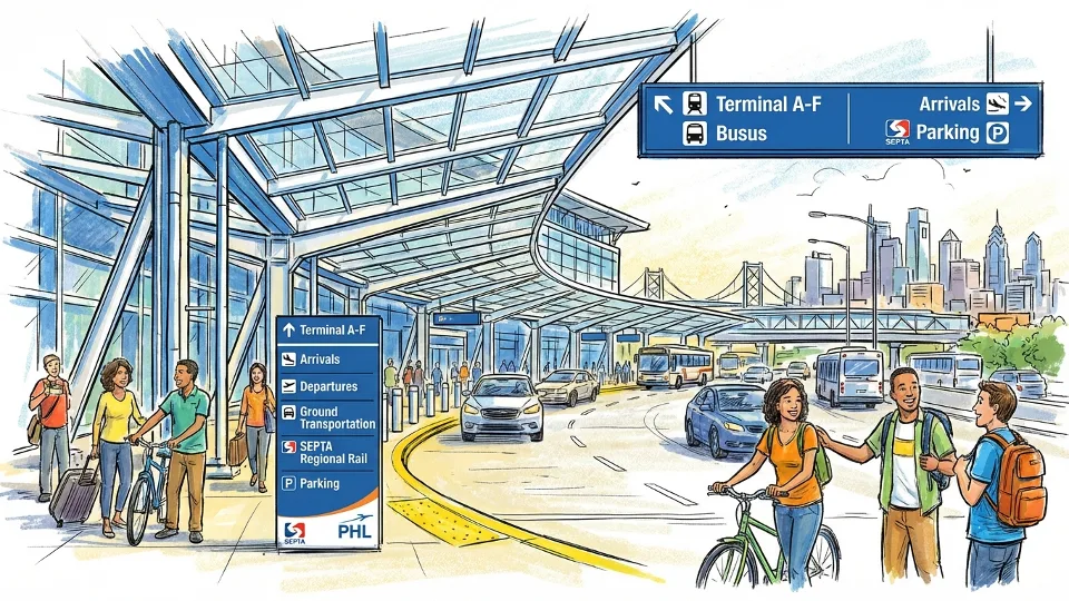 Philadelphia International Airport terminal entrance with transit signage