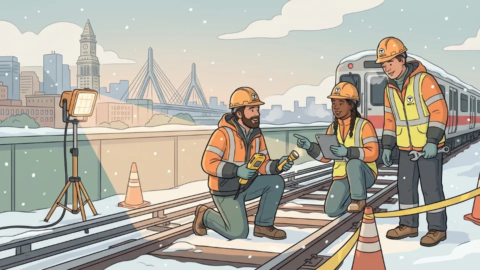 MBTA maintenance workers inspecting Red Line subway tracks and equipment in winter conditions