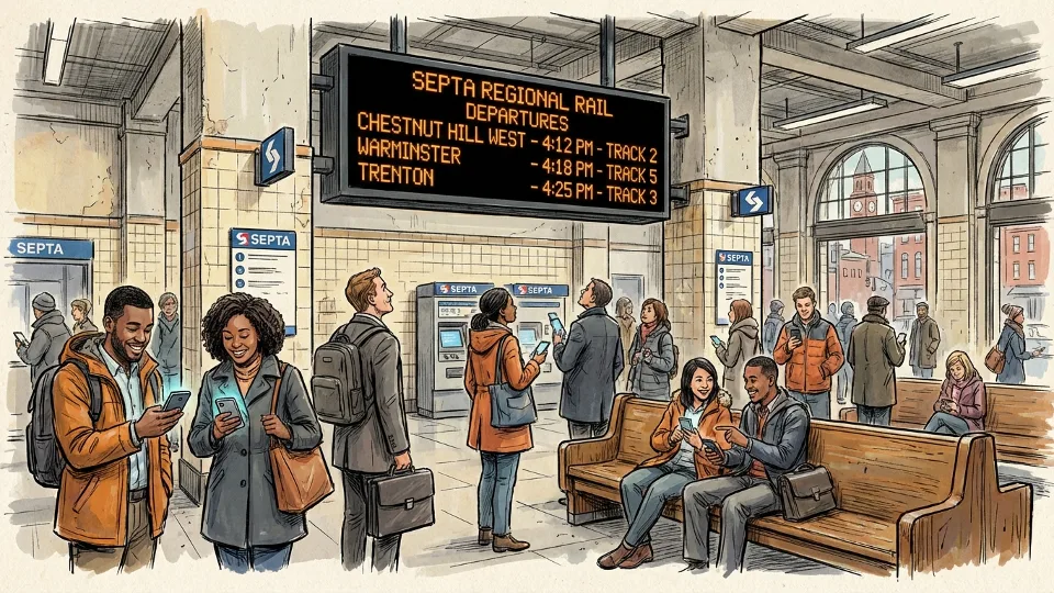 Passengers checking phones and departure board at Philadelphia regional rail station
