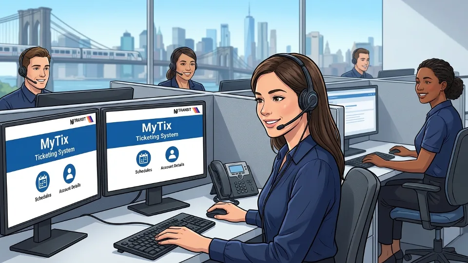 Customer service representative wearing headset at transit agency call center with computer monitors showing MyTix system