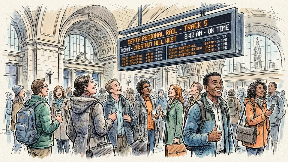 Philadelphia commuters checking train departure board at station