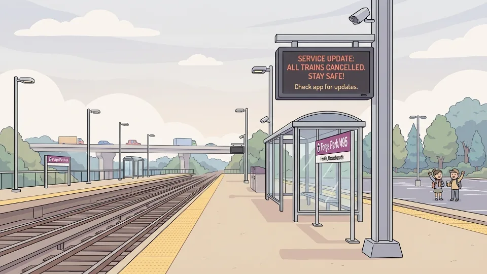 Empty commuter rail platform at Forge Park/495 station with digital departure board showing cancellation message