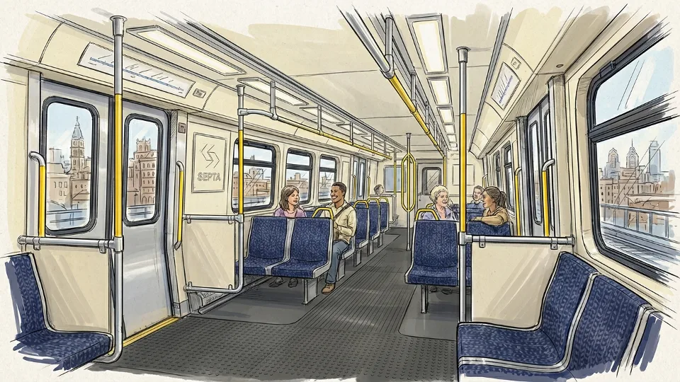 Philadelphia transit train interior with empty seats and standing area showing typical regional rail car layout