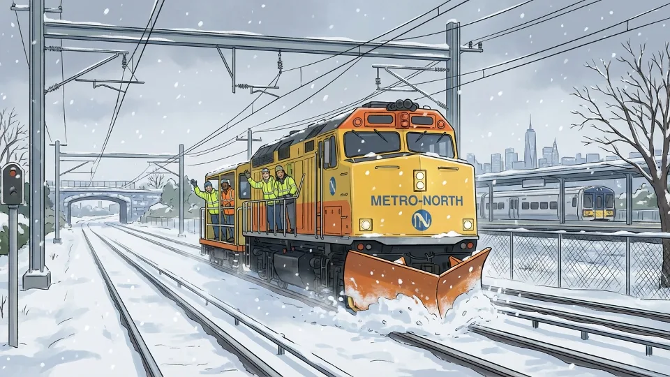 Snow removal equipment on Metro-North railroad tracks during winter storm