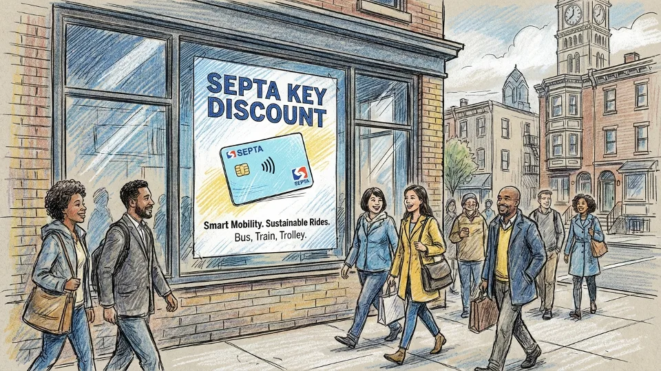 Philadelphia storefront window displaying SEPTA Key discount promotion sign with transit riders walking past