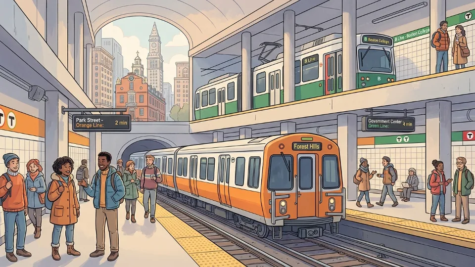MBTA subway train at downtown Boston station platform