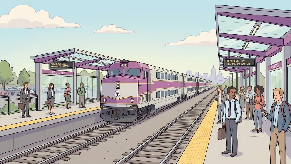 MBTA Providence Line commuter rail train approaching Route 128 station with passengers waiting on platform